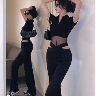 Plain Mesh Cropped Top / High-waist Straight-cut Pants