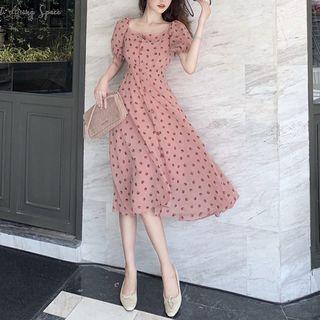 Short-sleeve Dotted Midi A-line Chiffon Dress