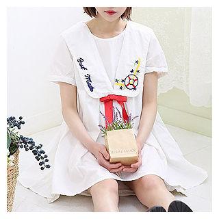 Puff-sleeve Lettering-embroidered Empire Dress