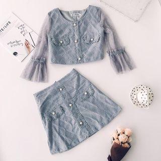 Set: Mesh Panel Crochet Trim Blouse + Mini A-line Skirt