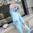Set: Furry Trim Hooded Jacket + Padded Pants