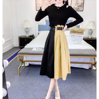 Set: Long-sleeve Cut Out T-shirt + Color Block Midi Skirt
