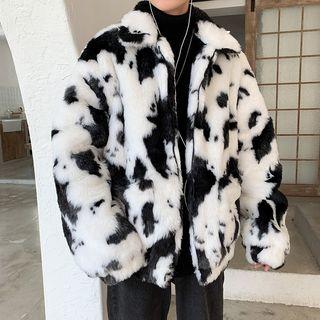 Cow Print Zip Fluffy Coat