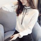 Long-sleeve Buttoned Ribbon Chiffon Blouse