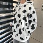 Cow Patterned Zip Hooded Sweatshirt