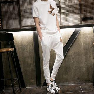 Set: Butterfly Embroidered Short-sleeve T-shirt + Skinny Sweatpants