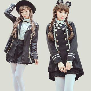 Double-breasted Jacket / Ruffle Trim Blouse / Ruffle Hem Shorts