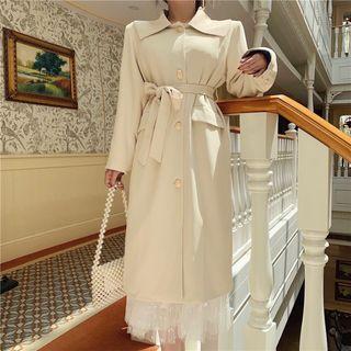 Ruffled Chiffon Top / High-waist Pleated Skirt / Single Breast Long Coat