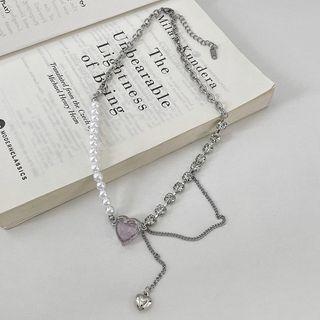 Heart Pendant Faux Pearl Alloy Necklace 01 - Necklace - Love Heart & Faux Pearl - White - One Size