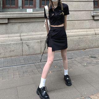 Short-sleeve Plaid Crop Shirt / Mini Skirt