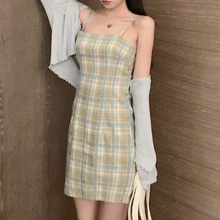 Spaghetti Strap Plaid Mini Dress / Cropped Cardigan