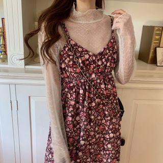 Mesh Top / Spaghetti Strap Floral Dress
