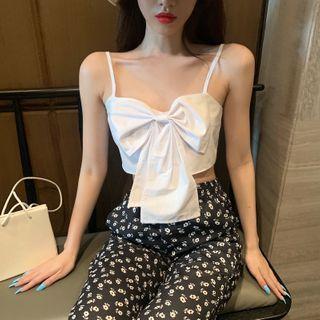 Bow Cropped Camisole Top / Floral Print Wide Leg Pants
