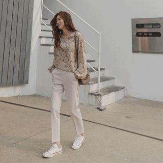 Bishop-sleeve Floral Crepe Blouse Ivory - One Size