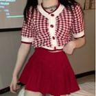 Short-sleeve Contrast Trim Check Button-up Knit Top / Mini A-line Skirt