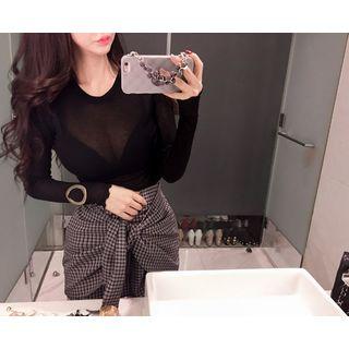 Frill-hem Sheer Slim-fit T-shirt