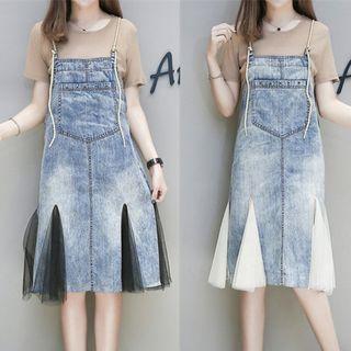 Mesh Panel Spaghetti Strap Denim Dress