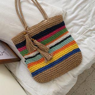 Color Panel Woven Tote Bag As Shown In Figure - One Size