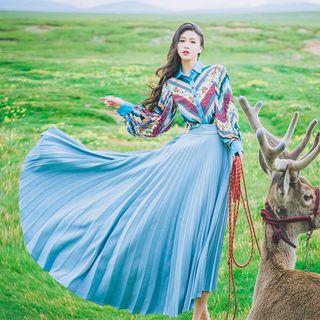 Set: Printed Shirt + Pleated Midi Skirt