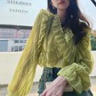 Long-sleeve V-neck Ruffle Chiffon Top Green - One Size