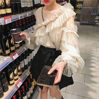 Cutout Shoulder Ruffle Long-sleeve Top Off-white - One Size
