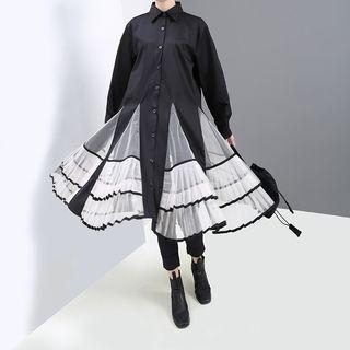 Long-sleeve Mesh-panel Midi A-line Shirt Dress