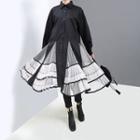 Long-sleeve Mesh-panel Midi A-line Shirt Dress