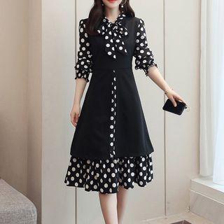 Bow Accent Dotted Long-sleeve A-line Dress