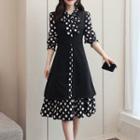 Bow Accent Dotted Long-sleeve A-line Dress