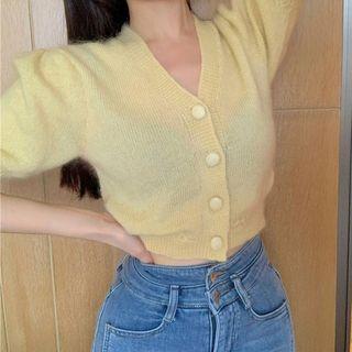 Short-sleeve V-neck Cardigan Yellow - One Size