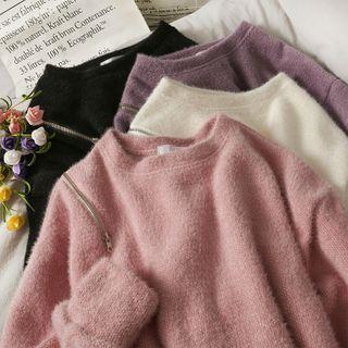 Zipper-shoulder Loose-fit Cropped Sweater