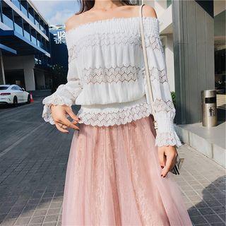 Set: Off-shoulder Long-sleeve Top + Mesh Maxi Skirt