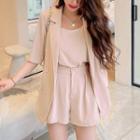 Set: Elbow-sleeve Double Breasted Blazer + Camisole Top + Shorts