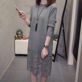Floral Lace Panel Midi Sweater Dress