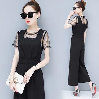 Mock Two-piece Short-sleeve Cropped Wide-leg Jumpsuit