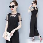 Mock Two-piece Short-sleeve Cropped Wide-leg Jumpsuit