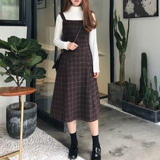 Plaid A-line Midi Jumper Dress Brown - One Size