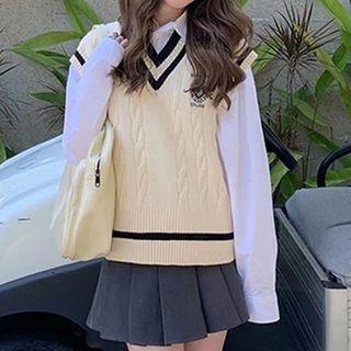 Contrast Trim Sweater Vest / Long-sleeve Shirt / Mini Pleated Skirt