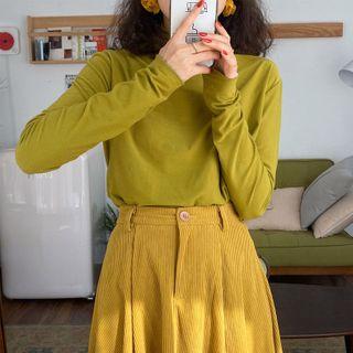 Long-sleeve Turtle-neck T-shirt Mustard Green - One Size