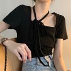 Short-sleeve Square-neck Top Black - One Size