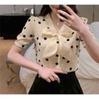 Short-sleeve Dotted Bow Accent Blouse