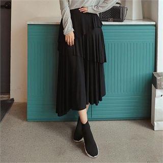 Asymmetric-hem Pleated Long Tiered Skirt