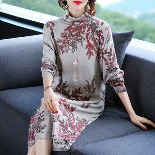 Flower Long-sleeve Midi Knit Dress