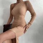 Long-sleeve One-shoulder Knit Bodycon Dress