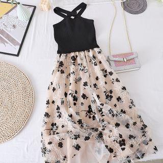 Halter Off-shoulder Knit Panel Mesh Flower Dress Almond - One Size
