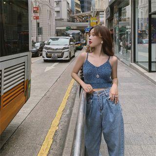 Cropped Knit Sleeveless Top / Loose-fit Jeans