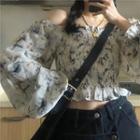 Long-sleeve Printed Shirred Crop Top / Irregular Denim A-line Mini Skort