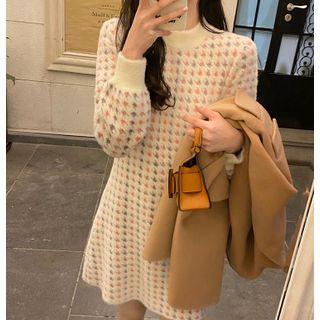 Long-sleeve Houndstooth Knit Mini A-line Dress