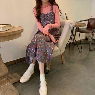 Mock-turtleneck Long-sleeve T-shirt / Floral Print Midi Pinafore Dress