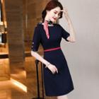 Set: Short-sleeve Mini Sheath Dress + Neck Scarf